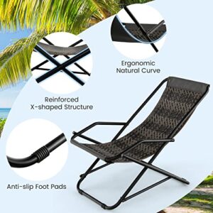 Tangkula Wicker Sling Chair Outdoor, Patio Deck Chair with Rattan Seat, Metal Frame, Armrests, Portable Folding Beach Chair for Porch, Poolside, Balcony, Garden