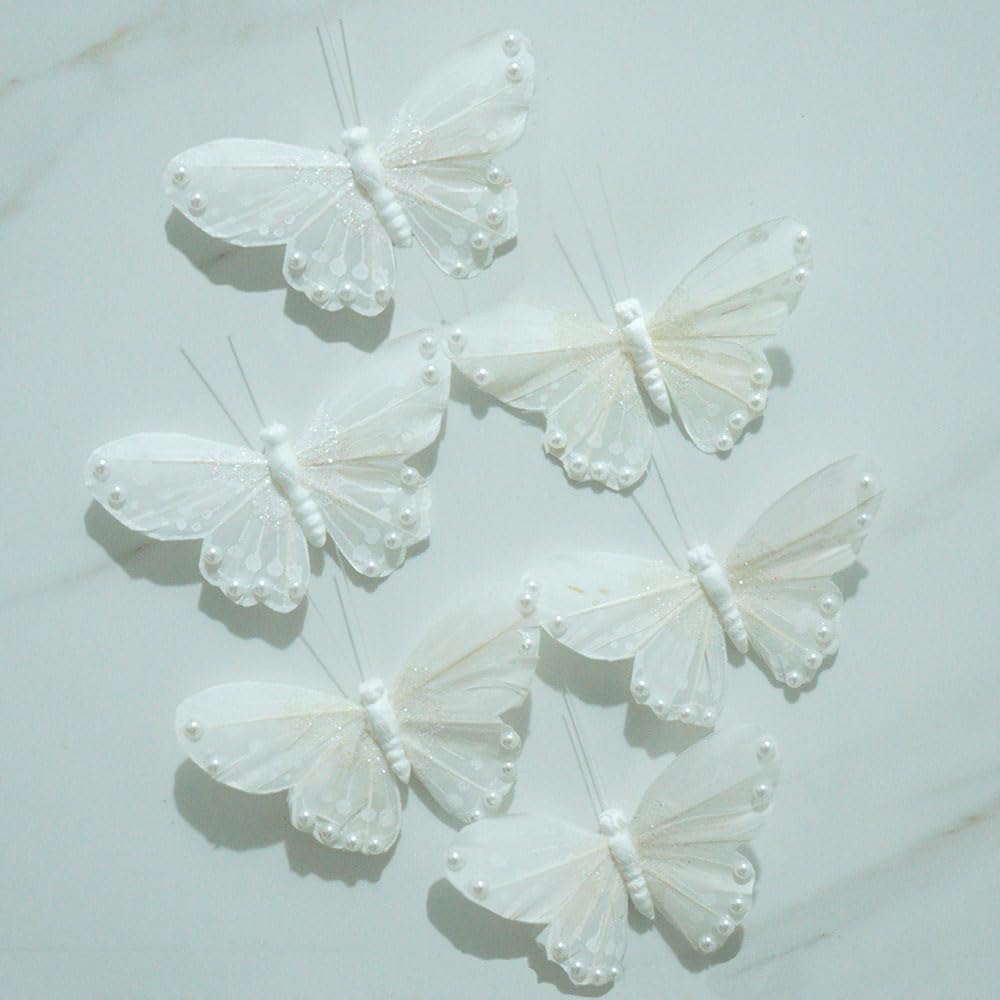 White Butterfly Stickers for Walls: 6pcs 3D Feather Butterflies Wall Decor with Pearls Glitters for Girls Bedroom Baby Shower Wedding Cake Office Decor Decorative Butterfly Wall Decals for Bathroom