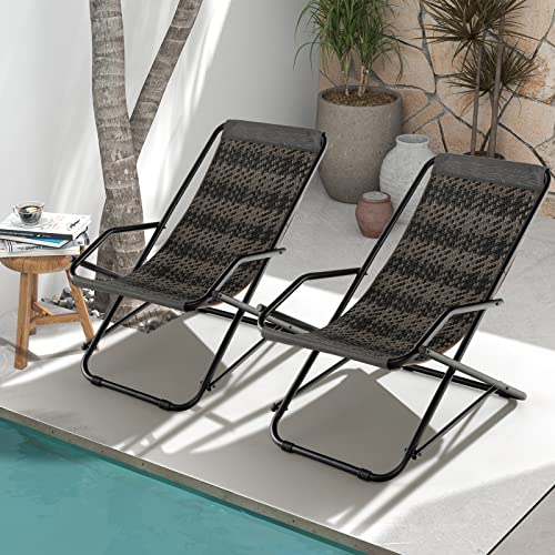 Tangkula Wicker Sling Chair Outdoor, Patio Deck Chair with Rattan Seat, Metal Frame, Armrests, Portable Folding Beach Chair for Porch, Poolside, Balcony, Garden