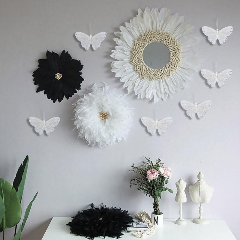 White Butterfly Stickers for Walls: 6pcs 3D Feather Butterflies Wall Decor with Pearls Glitters for Girls Bedroom Baby Shower Wedding Cake Office Decor Decorative Butterfly Wall Decals for Bathroom