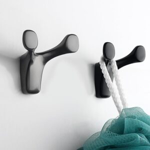 LORVOR Double Robe Towel Hook Matte Black, 4 PCS Heavy Duty Wall Mounted Two-pronged Hooks Hangers with Screws