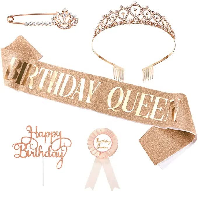 Birthday Decorations for Women Including Birthday Sash & Pin, Crown, Birthday Cake Topper, Birthday Pin Button. Queen Sash and Birthday Tiara for Women and Grils. (Rose Gold)