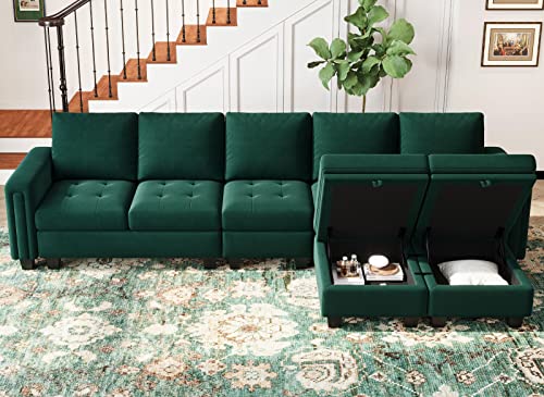 Belffin Large Velvet L Shaped Sectional Sofa Couch with Reversible Double Chaises Modular Sectional Sofa Couch with Storage Ottomans Convertible Sectional Sofa Green