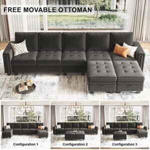 Belffin Large Velvet L Shaped Sectional Sofa Couch with Reversible Double Chaises Modular Sectional Sofa Couch with Storage Ottomans Convertible Sectional Sofa Grey