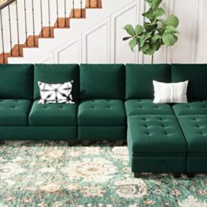 Belffin Large Velvet L Shaped Sectional Sofa Couch with Reversible Double Chaises Modular Sectional Sofa Couch with Storage Ottomans Convertible Sectional Sofa Green