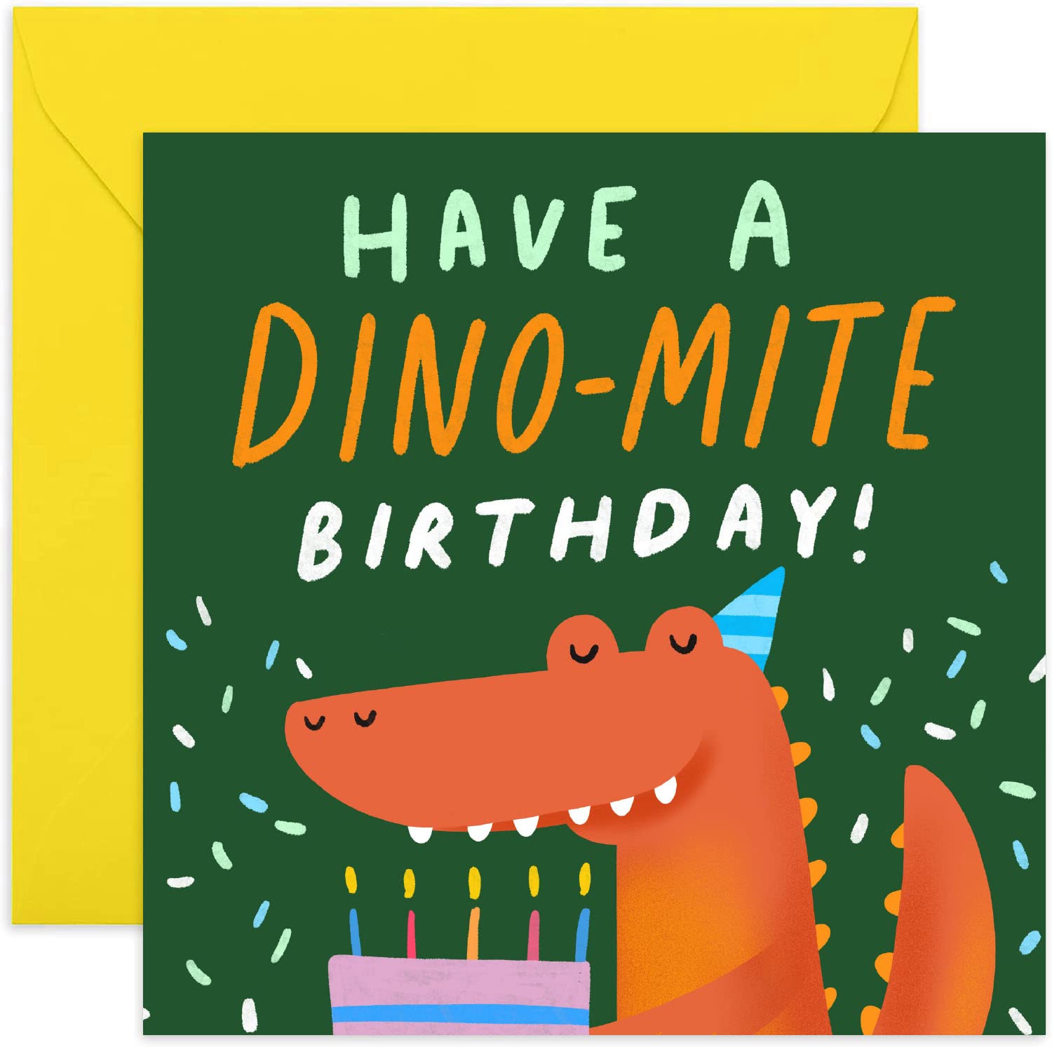 Old English Co. Have A Dino Mite Birthday Card for Son Daughter - Dinosaur Birthday Card for Young Children - Cute Cake Unisex T Rex Birthday Card for Child | Blank Inside with Envelope