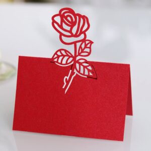 Pack of 50 Rose-Shaped Hollow Place Cards Wedding Table Number Name Place Card Laser Cut Rose Flower Place Cards for for Wedding Party Banquet Table Setting Baby Shower Bridal Shower - Red