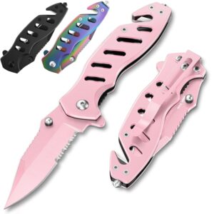 pink pocket knife for women - legal small knife - 2.68 inch serrated blade - womens knife for self defense - cute girl survival tool pocket & folding knives - mothers day gift idea - 6655 p