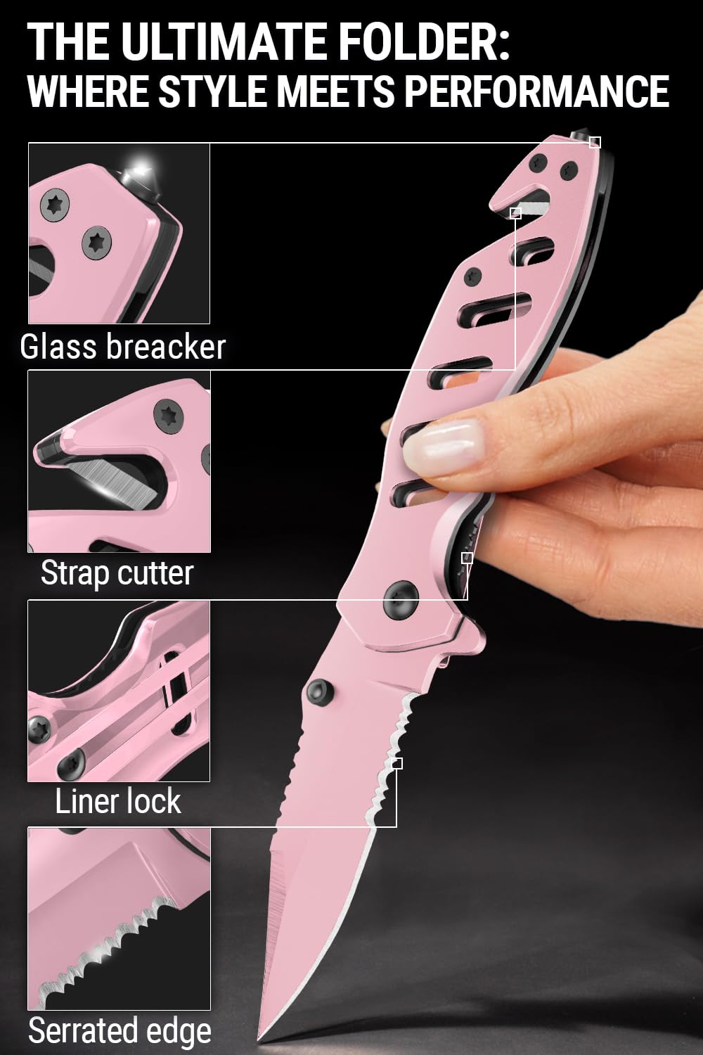 Pink Pocket Knife for Women - Legal Small Knife - 2.68 Inch Serrated Blade - Womens Knife for Self Defense - Cute Girl Survival Tool Pocket & Folding Knives - Mothers Day Gift Idea - 6655 P