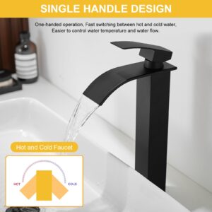 BESy Black Waterfall Spout Bathroom Faucet, Tall Single Handle Bathroom Vessel Sink Faucet, Rv Lavatory Vessel Faucet Basin Mixer Tap, Stainless Steel/Matte Black