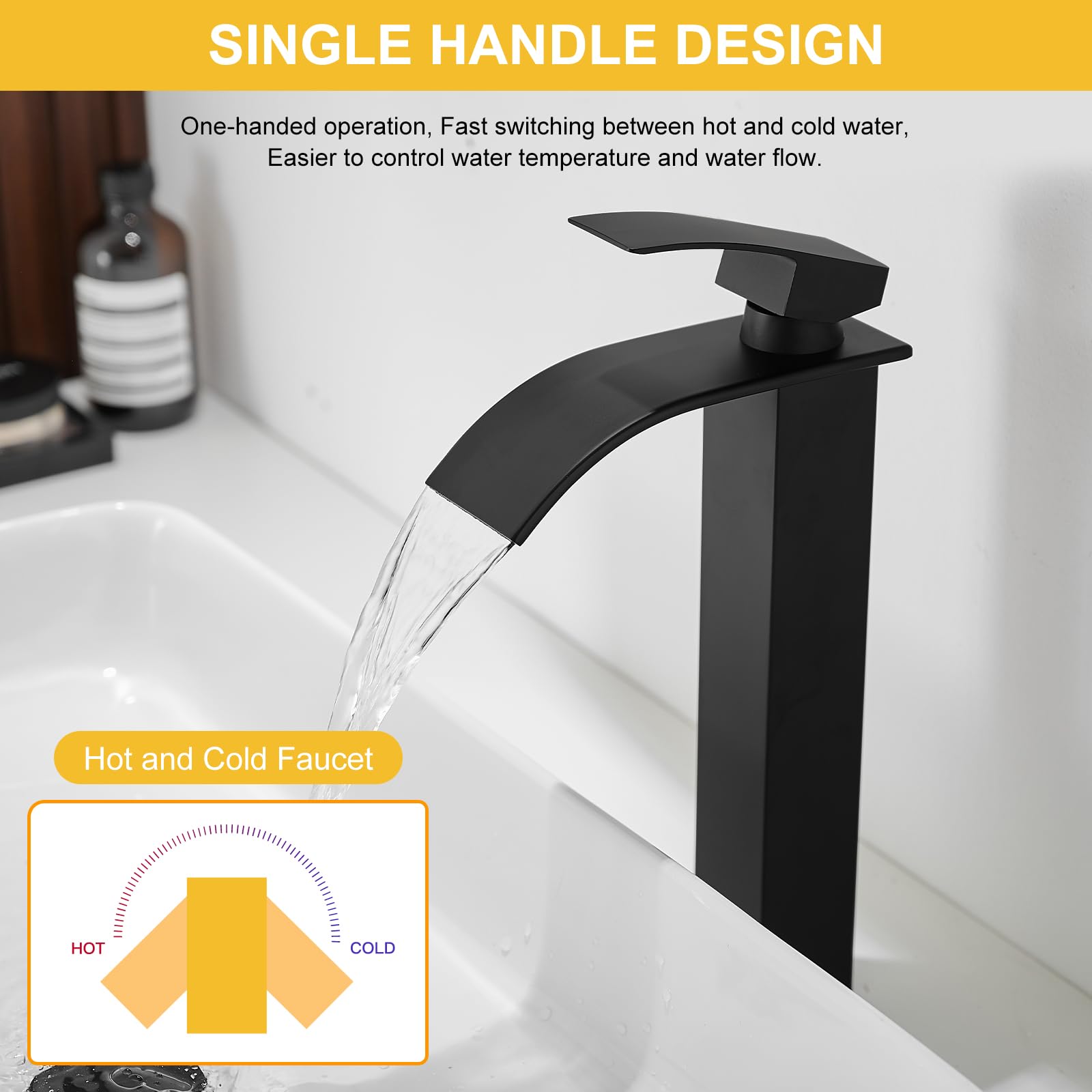 BESy Black Waterfall Spout Bathroom Faucet, Tall Single Handle Bathroom Vessel Sink Faucet, Rv Lavatory Vessel Faucet Basin Mixer Tap, Stainless Steel/Matte Black