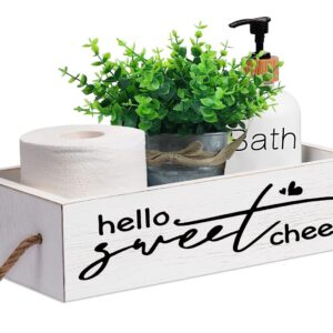 Msyueos Hello Sweet Cheek Decor Box with Rope - Rustic Wooden Storage Box with Funny Design on 2 Sides Perfect for Bathroom Decor, Toilet Paper Holder, Toilet Tank Basket, Toilet Organizer (White)