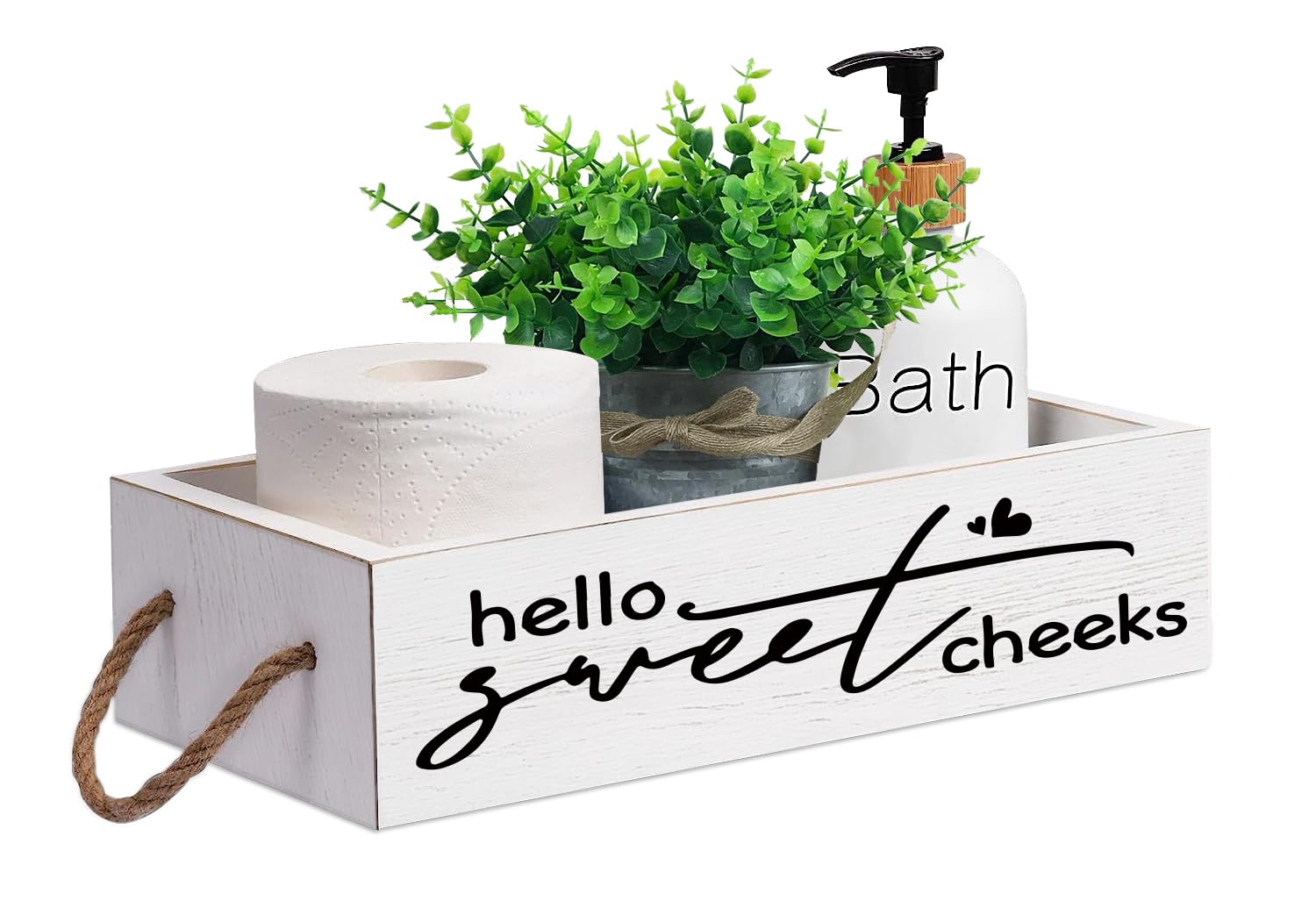 Msyueos Hello Sweet Cheek Decor Box with Rope - Rustic Wooden Storage Box with Funny Design on 2 Sides Perfect for Bathroom Decor, Toilet Paper Holder, Toilet Tank Basket, Toilet Organizer (White)