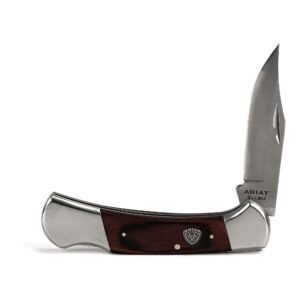 ariat large folding knife - 3-3/8" smooth 3cr13 steel blade with back lock and brown wood handle