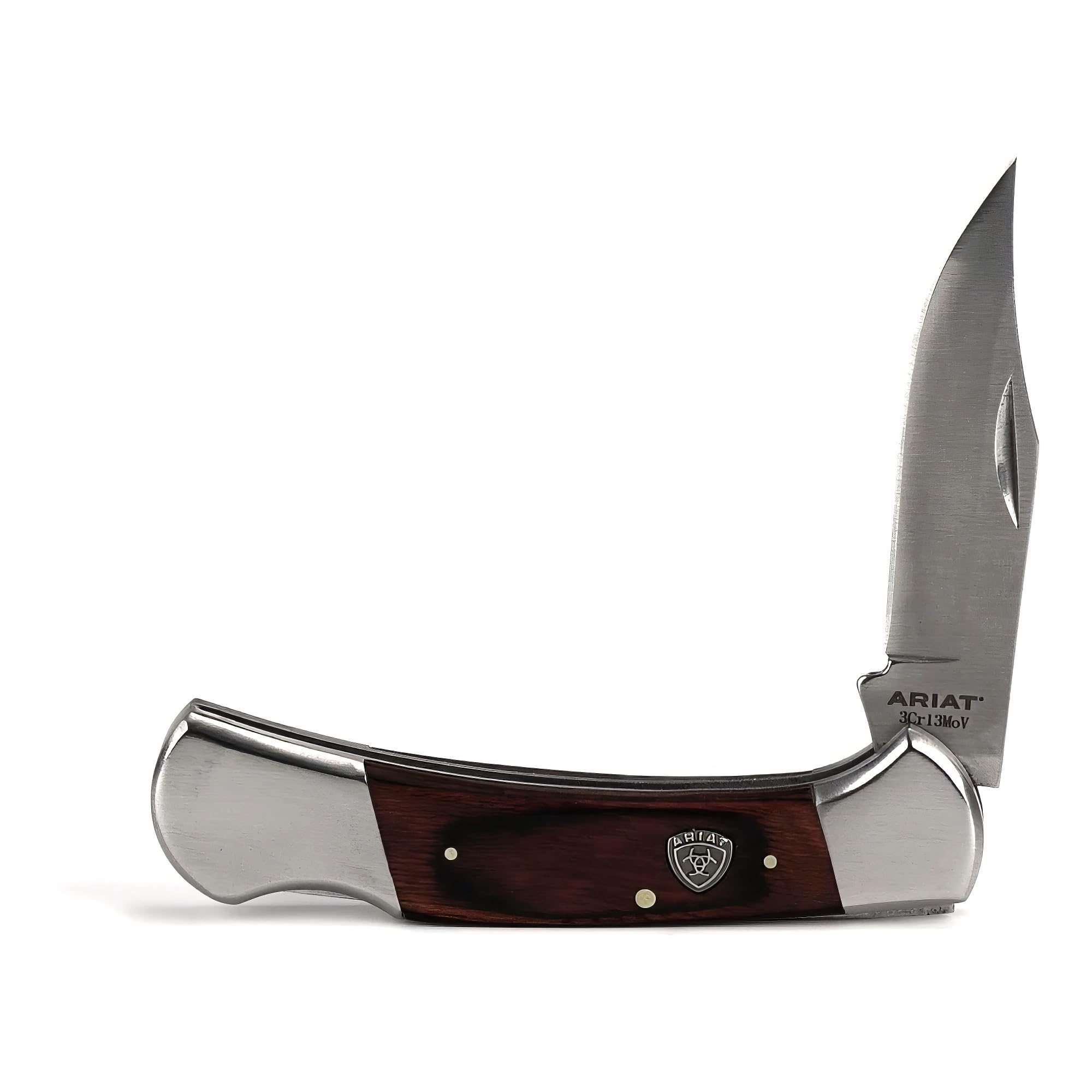 ARIAT Large Folding Knife - 3-3/8" Smooth 3CR13 Steel Blade with Back Lock and Brown Wood Handle