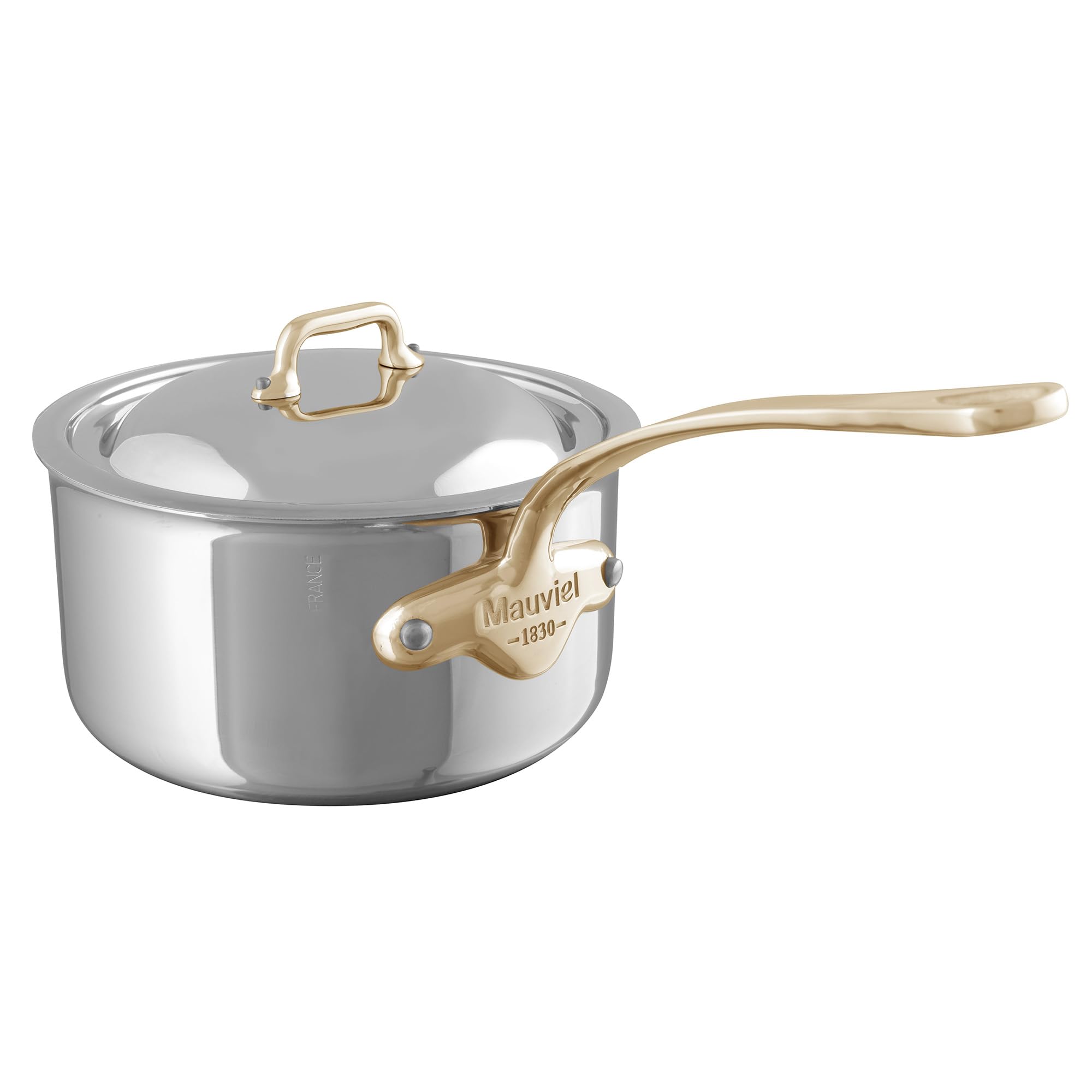 Mauviel M'Cook B 5-Ply Polished Stainless Steel Sauce Pan With Lid, And Brass Handle, 2.6-qt, Made In France