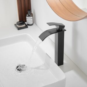 BESy Black Waterfall Spout Bathroom Faucet, Tall Single Handle Bathroom Vessel Sink Faucet, Rv Lavatory Vessel Faucet Basin Mixer Tap, Stainless Steel/Matte Black