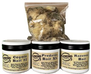 fleming traps predator bait kit - coyote, x5 & raccoon bait with wool - 3 pack