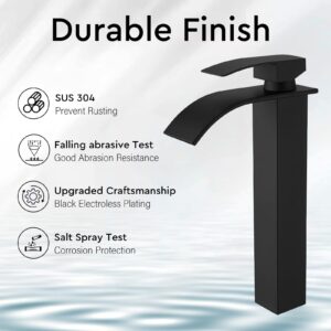 BESy Black Waterfall Spout Bathroom Faucet, Tall Single Handle Bathroom Vessel Sink Faucet, Rv Lavatory Vessel Faucet Basin Mixer Tap, Stainless Steel/Matte Black