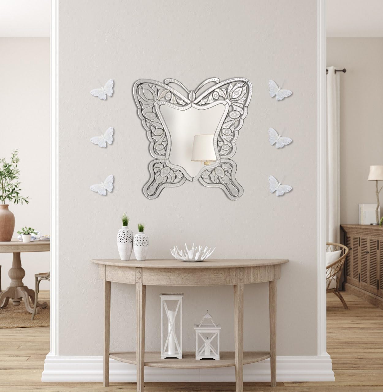 White Butterfly Stickers for Walls: 6pcs 3D Feather Butterflies Wall Decor with Pearls Glitters for Girls Bedroom Baby Shower Wedding Cake Office Decor Decorative Butterfly Wall Decals for Bathroom