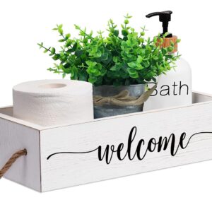 Msyueos Welcome Hello Sweet Cheeks Wooden Storage Box, Toilet Paper Basket, Rustic Bathroom Basket Toilet Basket Tank Topper Toilet Organizer, Home Decor for Livingroom or Kitchen ,White