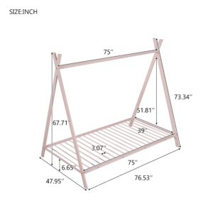 Merax Twin Size House Bed, Tent Metal Bed Frame, Floor Play House Bed with Slat for Kids, Girls, Boys, No Box Spring Needed, Pink