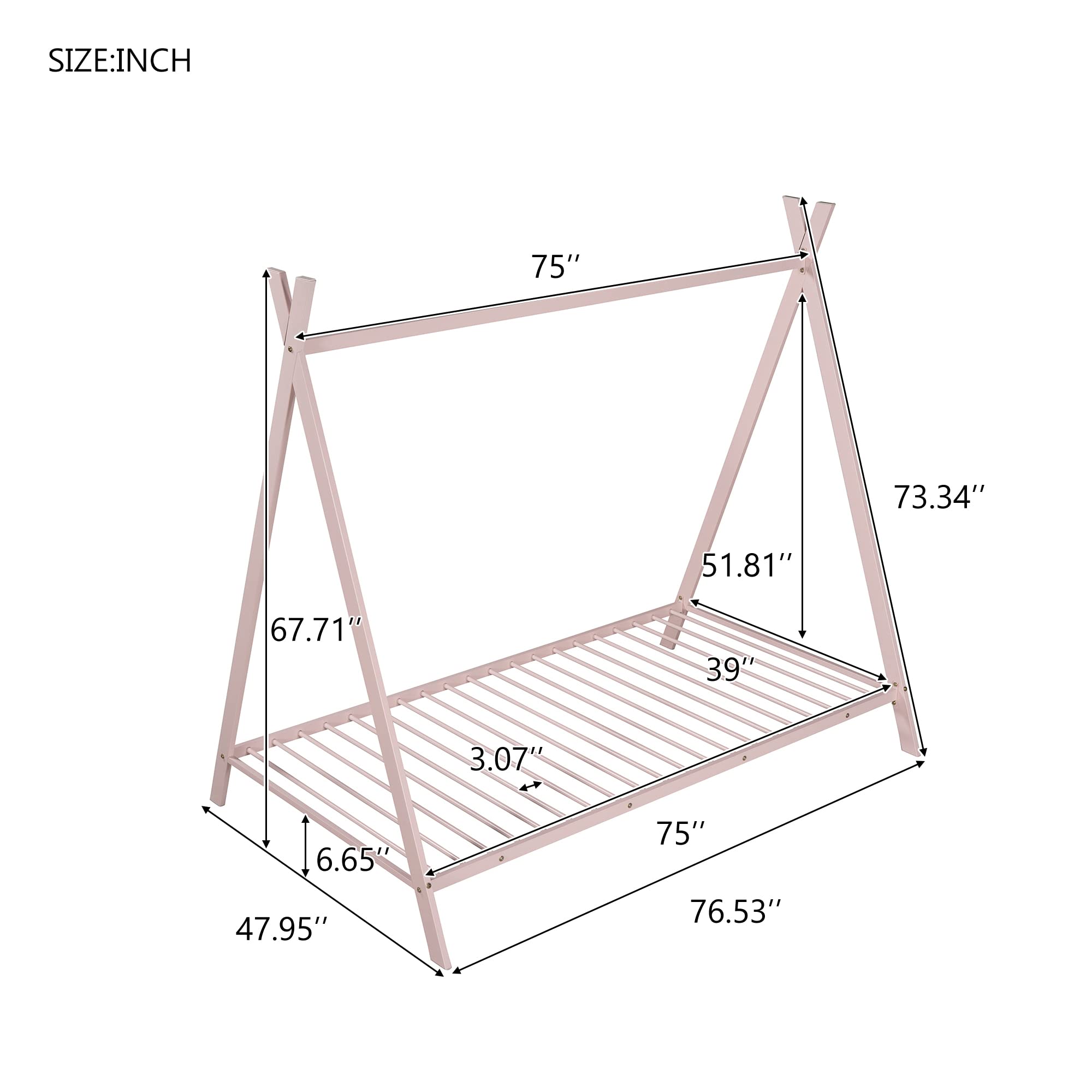 Merax Twin Size House Bed, Tent Metal Bed Frame, Floor Play House Bed with Slat for Kids, Girls, Boys, No Box Spring Needed, Pink