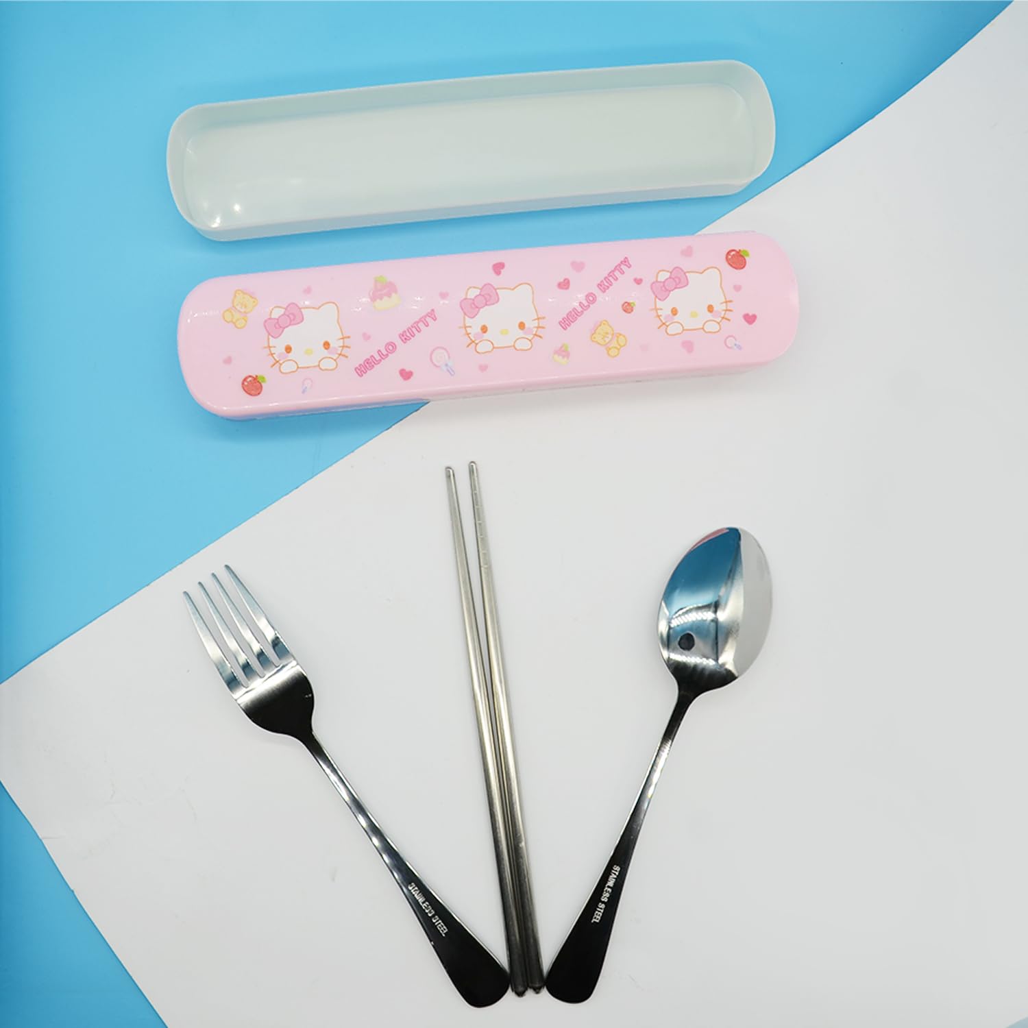 Kawaii Kitty Portable Stainless Steel Flatware Set, 3 Pack Reusable Travel Utensils Dinnerware Set with Case, Camping Cutlery Set, Chopsticks Fork Spoon Tableware