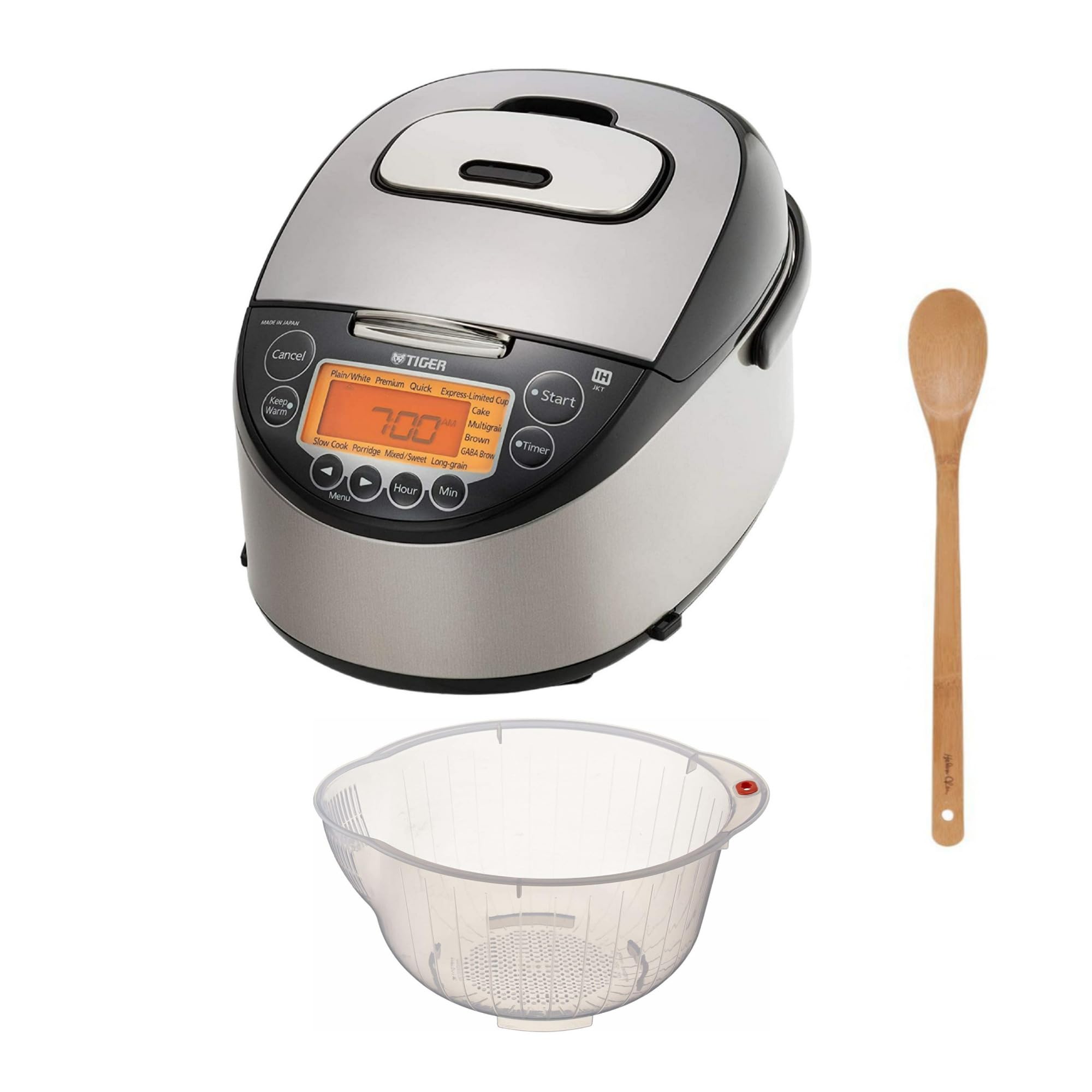 Tiger JKT-D18U 10-Cup Induction Heating Rice Cooker (Black and Stainless Steel) Bundle with Rice Washing Bowl and Bamboo Spoon (3 Items)