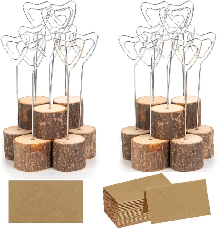 20 Pcs Wood Place Card Holders and 30 Pcs Kraft Place Cards, Rustic Wooden Table Number Holder Stand Photo Picture Note Clip Holders for Wedding Party Name Sign - Heart Shape