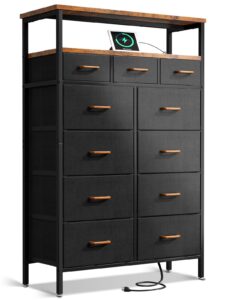 aodk dresser with charging station, 59-inch tall dresser for bedroom with 11 storage drawers, large fabric dressers with sturdy metal frame and wooden top, vintage