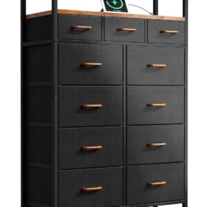 AODK Dresser with Charging Station, 59-Inch Tall Dresser for Bedroom with 11 Storage Drawers, Large Fabric Dressers with Sturdy Metal Frame and Wooden Top, Vintage