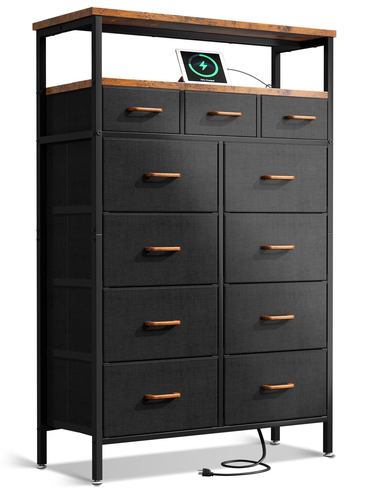 AODK Dresser with Charging Station, 59-Inch Tall Dresser for Bedroom with 11 Storage Drawers, Large Fabric Dressers with Sturdy Metal Frame and Wooden Top, Vintage