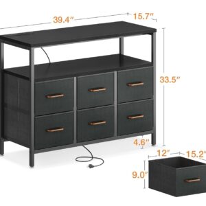 AODK Dresser with Charging Station, 40-Inch Long Dresser for Bedroom with 6 Large Fabric Drawers, Dresser TV Stand with Open Shelves for 50 Inch TV, Black