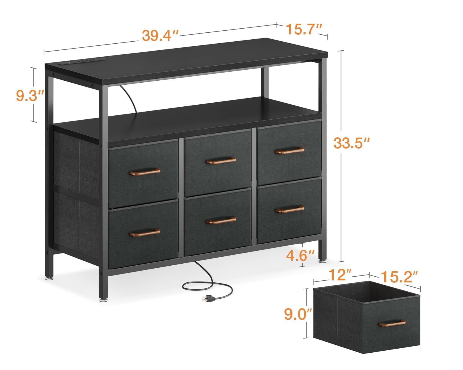 AODK Dresser with Charging Station, 40-Inch Long Dresser for Bedroom with 6 Large Fabric Drawers, Dresser TV Stand with Open Shelves for 50 Inch TV, Black