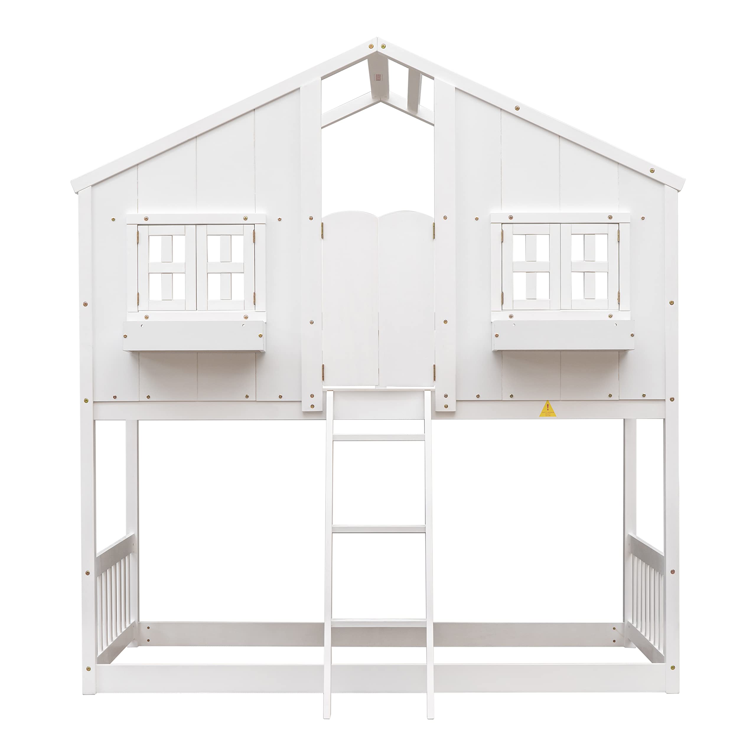 House Bunk Beds Twin Over Twin Bunk Bed Frame with Ladder, Kids Playhouse Bunk Bed with Roof, Window, Door, Floor Bunked Frame for Boys Girls Teens, White