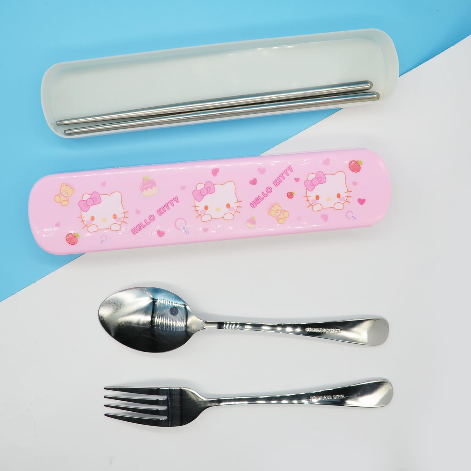 Kawaii Kitty Portable Stainless Steel Flatware Set, 3 Pack Reusable Travel Utensils Dinnerware Set with Case, Camping Cutlery Set, Chopsticks Fork Spoon Tableware