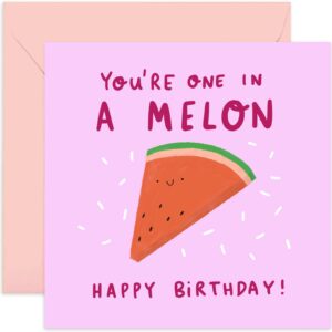 old english co. funny one in a melon birthday card for her - cute birthday greeting card daughter, sister, niece, mum - colourful playful watermelon card design for women | blank inside with envelope