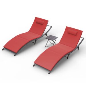 rtdtd 3 pieces patio chaise lounge set outdoor pe rattan lounge chair adjustable backrest reclining chair with folding table and cushion for patio poolside backyard porch beach(red)