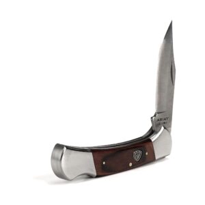 ARIAT Large Folding Knife - 3-3/8" Smooth 3CR13 Steel Blade with Back Lock and Brown Wood Handle