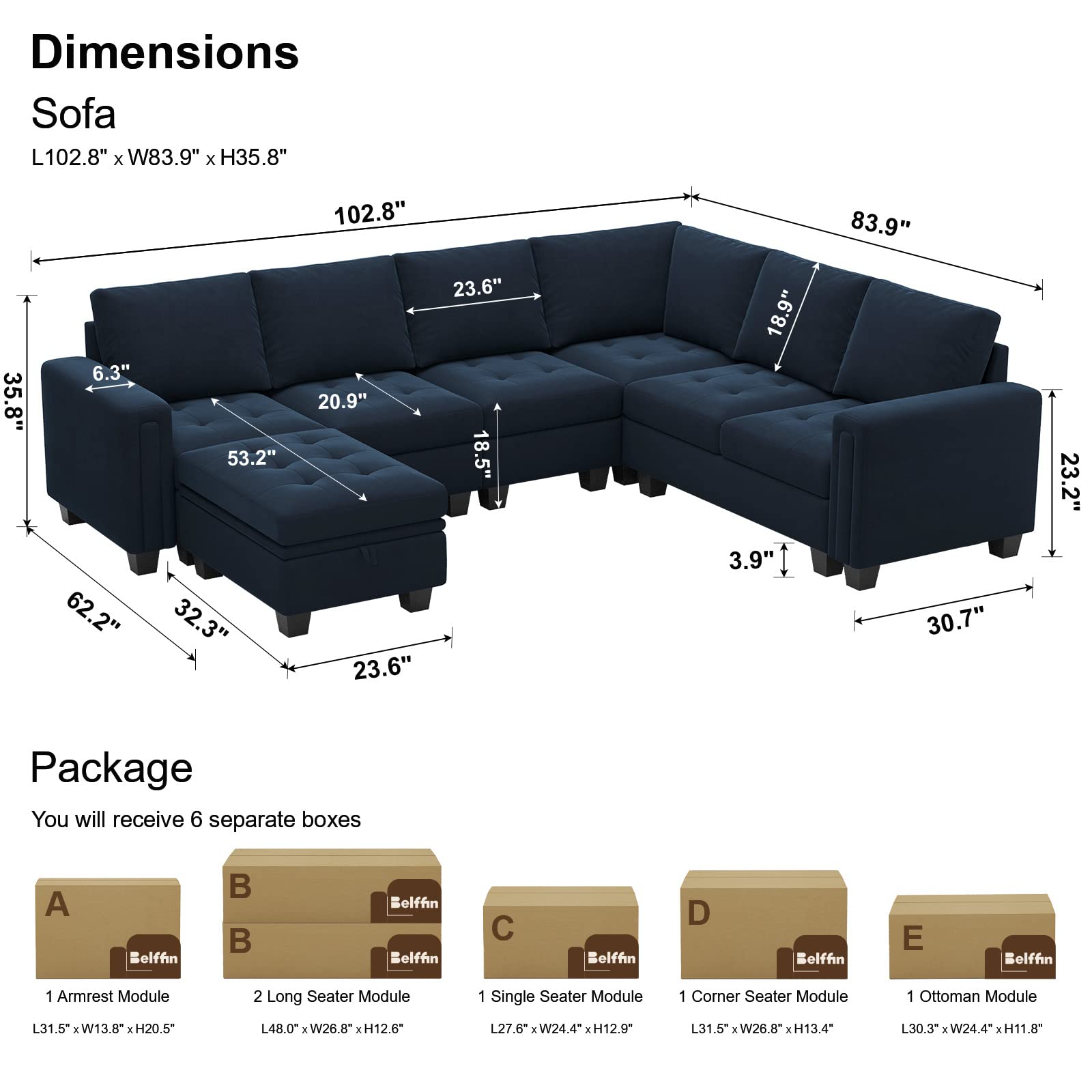 Belffin Velvet Modular Sectional Sofa with Storage Ottoman 6 Seater L Shaped Sectional Modular Sofa Couch with Reversible Chaise Convertible Corner Sectional Couch Blue