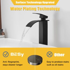 BESy Black Waterfall Spout Bathroom Faucet, Tall Single Handle Bathroom Vessel Sink Faucet, Rv Lavatory Vessel Faucet Basin Mixer Tap, Stainless Steel/Matte Black