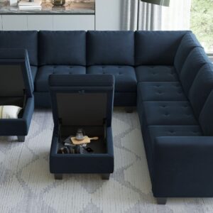 Belffin Oversized Velvet Modular 8-Seat Sectional Sofa Set with Storage Ottoman U Shaped Couch Set Modular Sectional Convertible Sofa Couch with Reversible Chaise Corner Sofa Couch Set Blue