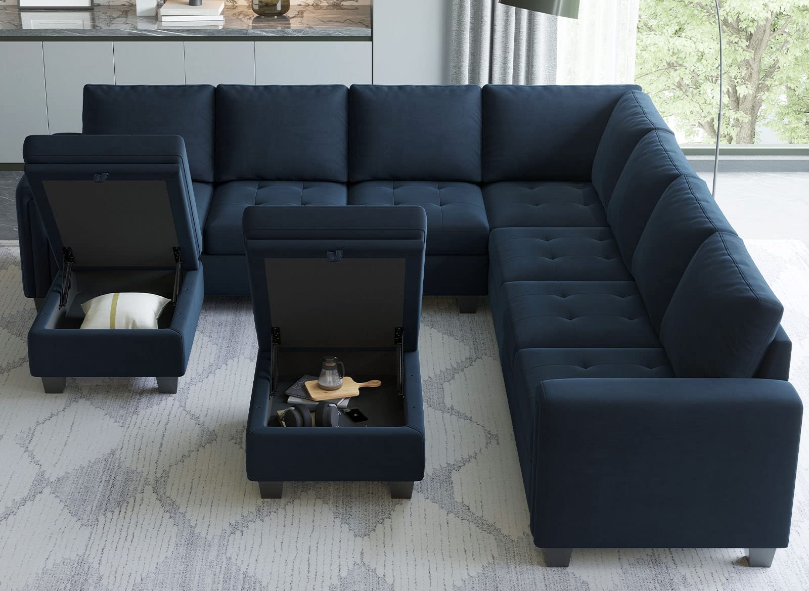 Belffin Oversized Velvet Modular 8-Seat Sectional Sofa Set with Storage Ottoman U Shaped Couch Set Modular Sectional Convertible Sofa Couch with Reversible Chaise Corner Sofa Couch Set Blue