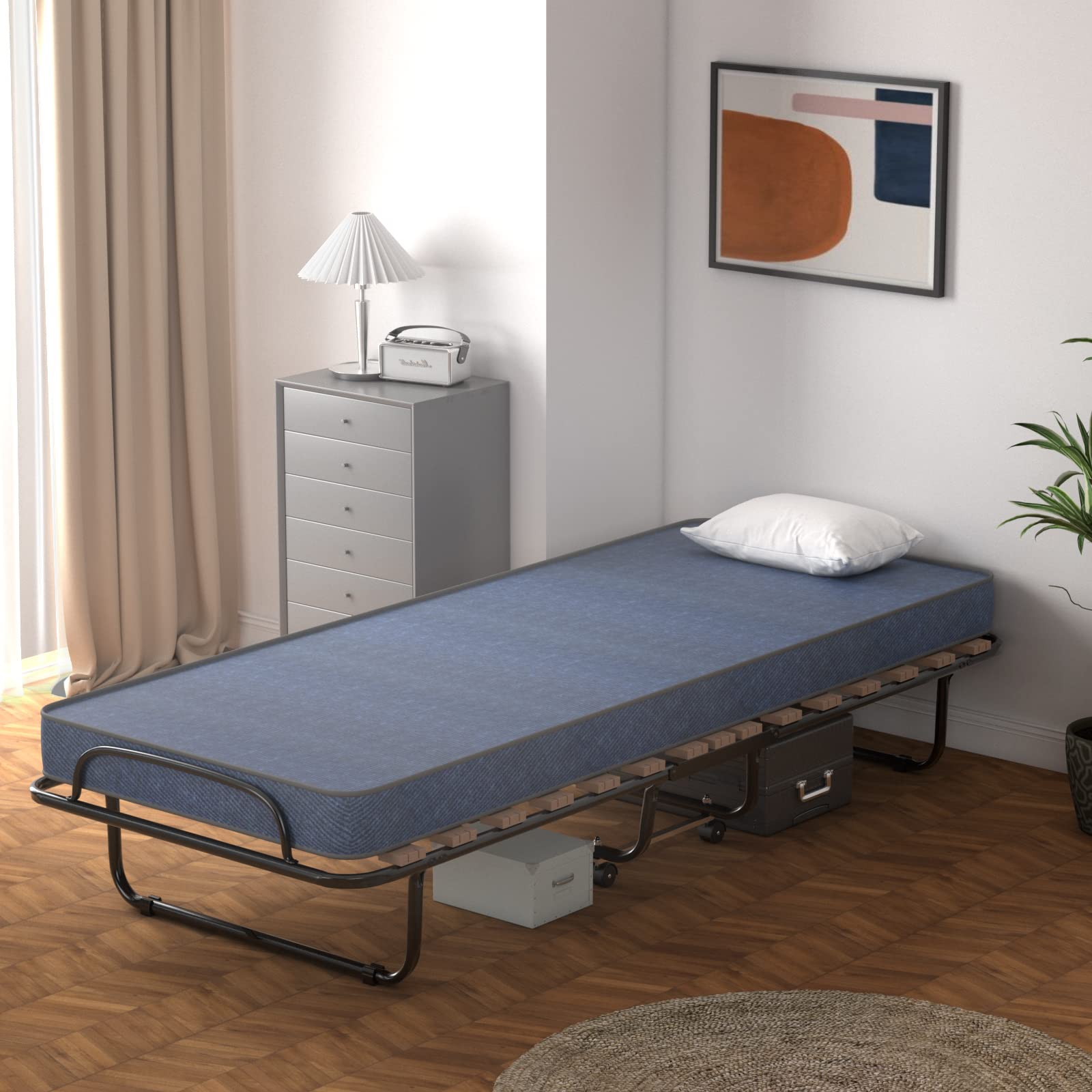 KOMFOTT Folding Rollaway Bed with Mattress, Foldable Bed with Memory Foam Mattress for Adults, Portable Fold Up Guest Bed with Sturdy Steel Frame on Wheels for Home & Office, Made in Italy (Navy Blue)