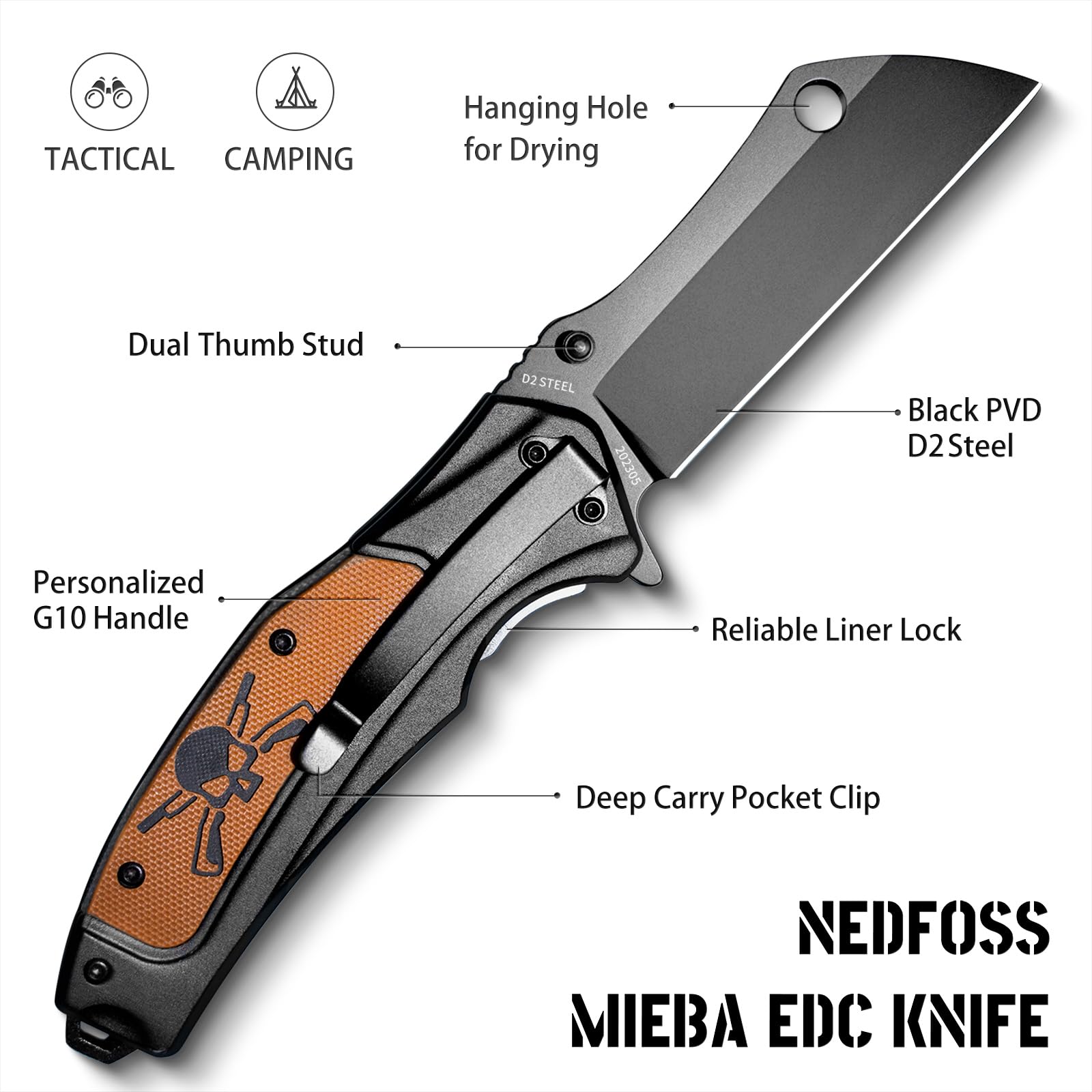 NedFoss Mieba Pocket Knife, 3.5" D2 Steel Pocket Knives & Folding Knives, Tactical Knife Folding Cleaver EDC Knife with Sheath, Pocketclip, Unique Skull G10 Handle Utility Knife