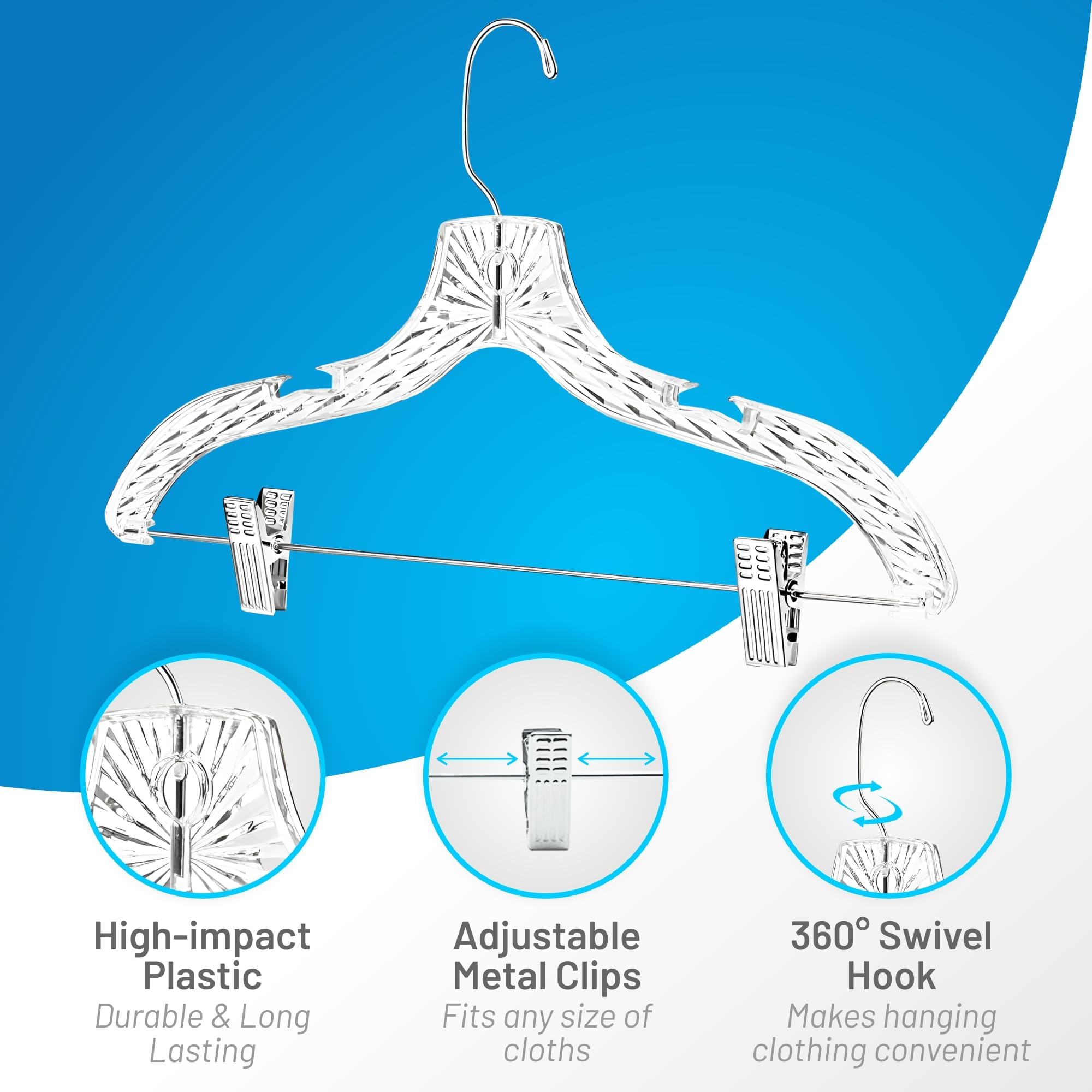 HARDW Clothes Hangers with Clips Plastic Set of 12Pcs Heavy Duty Hangers Dresses, T-Shirts Shirt Hangers for Closet Organization Crystal Clear Hangers for Home, Retail and Home