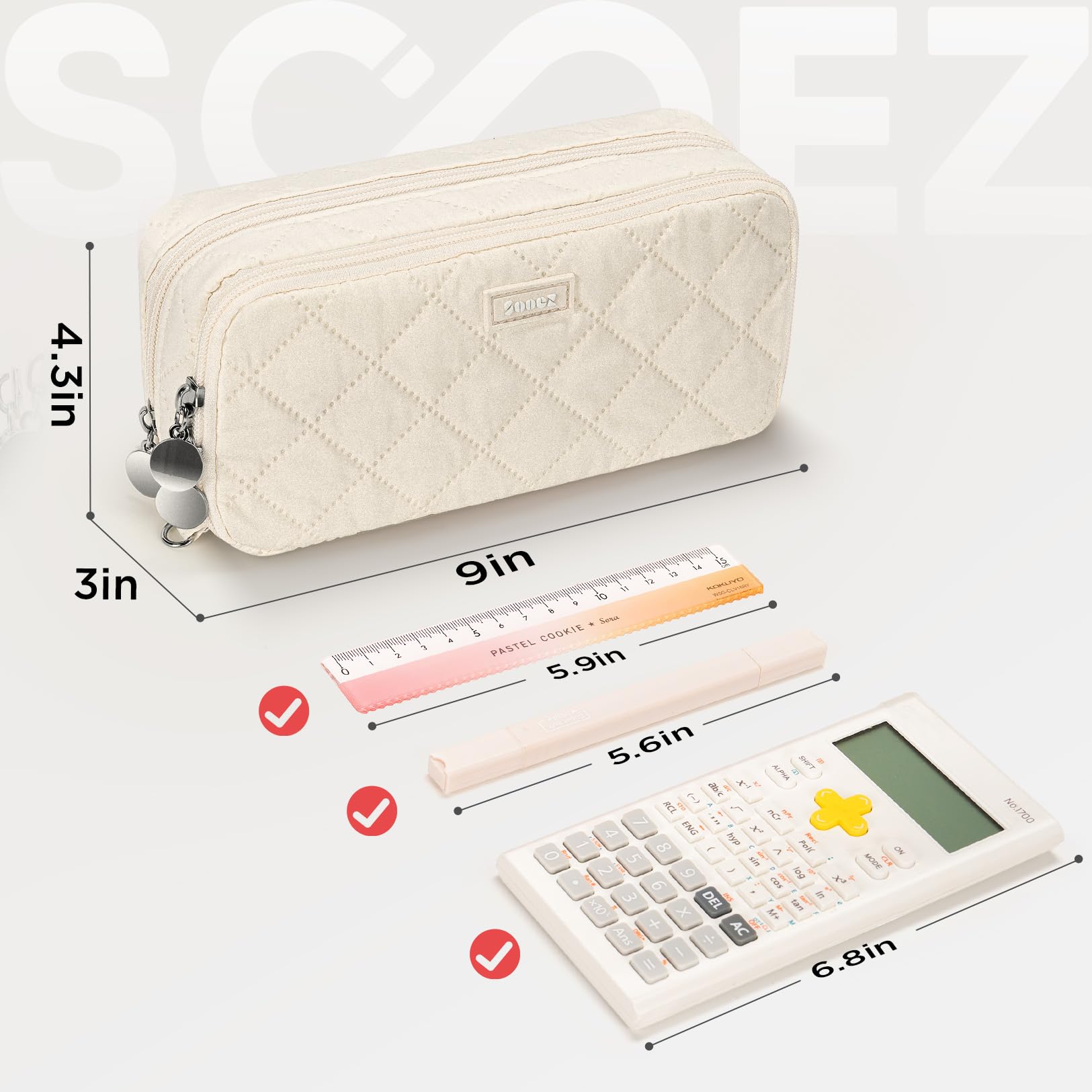 Sooez Large Pencil Case Pouch,Extra Big Pencil Bag with 8 Compartments,Pen Bag Wide Opening,Soft Quilted Pencil Pouch Organizer with Zipper,Portable Pencil Case for Teen Girls,Beige