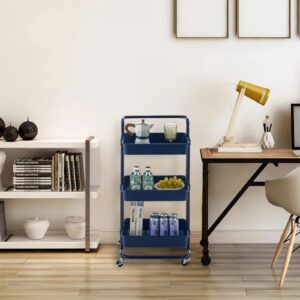 TUKAILAi 3-Tier Rolling Storage Cart with Lockable Wheels and Ergonomic Handle, Slide Out Utility Shelving Unit Organizer Serving Trolley Clearing for Kitchen Bathroom Laundry Bedroom (Dark Blue)