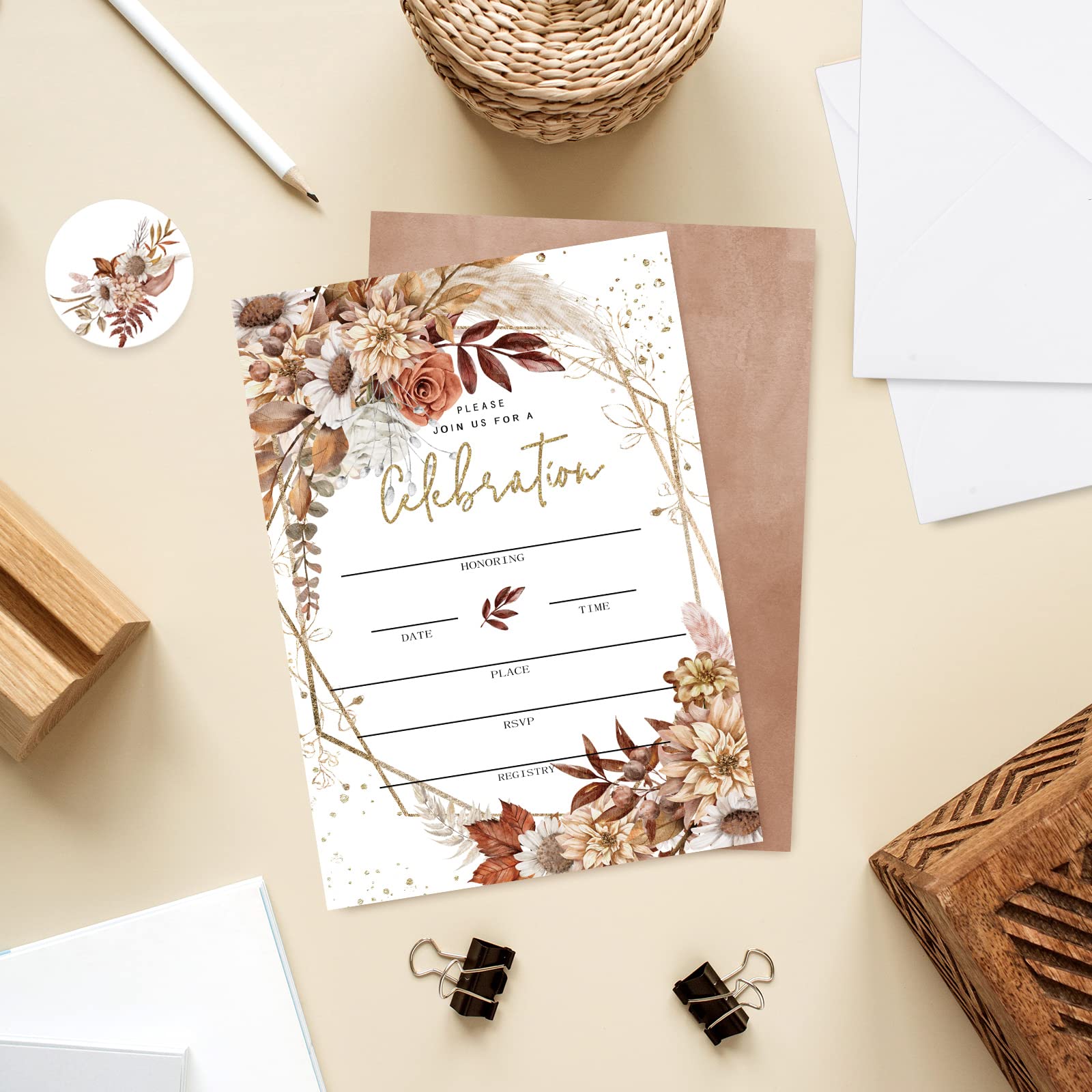 AnyDesign Boho Floral Invitations 20 Sets Rustic Floral Cards with Envelopes Stickers Watercolor Blank Invites for Baby Shower Wedding Birthday Dinner Party, 5 x 7 Inch